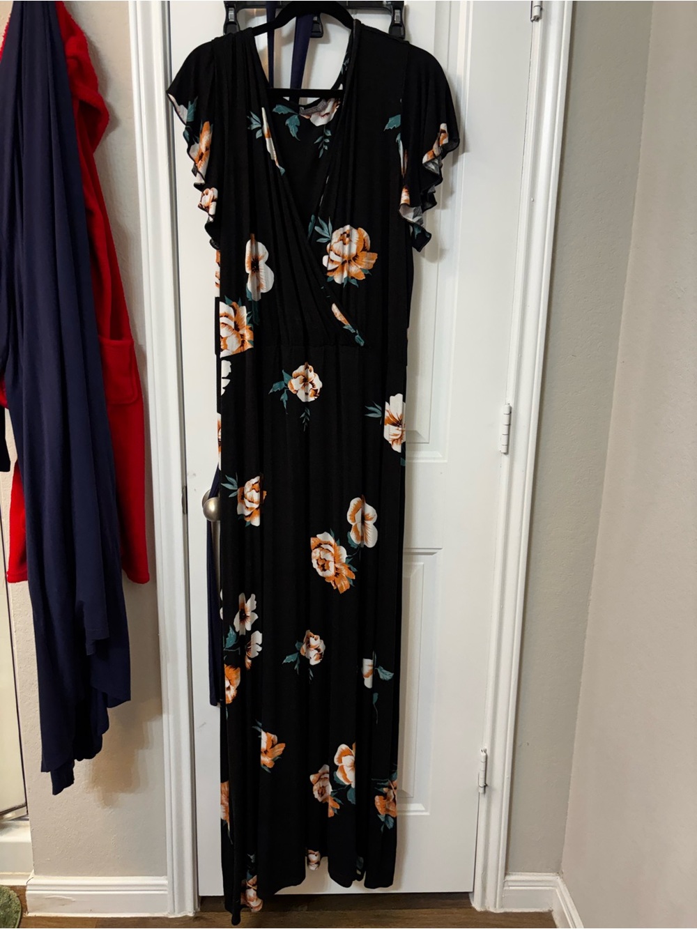 Loveappella Black Floral Wrap Maxi Dress with Orange & White Blooms